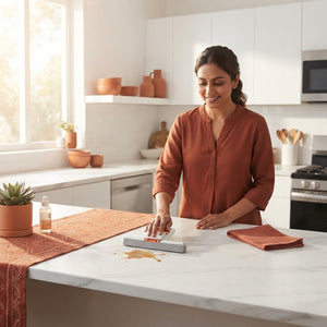 A South Asian woman cleaning a kitchen countertop with a mini foldable sponge mop in a sunlit, modern home.