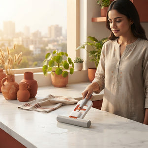 A South Asian woman cleaning a countertop with a mini foldable sponge mop in a warm, modern kitchen.